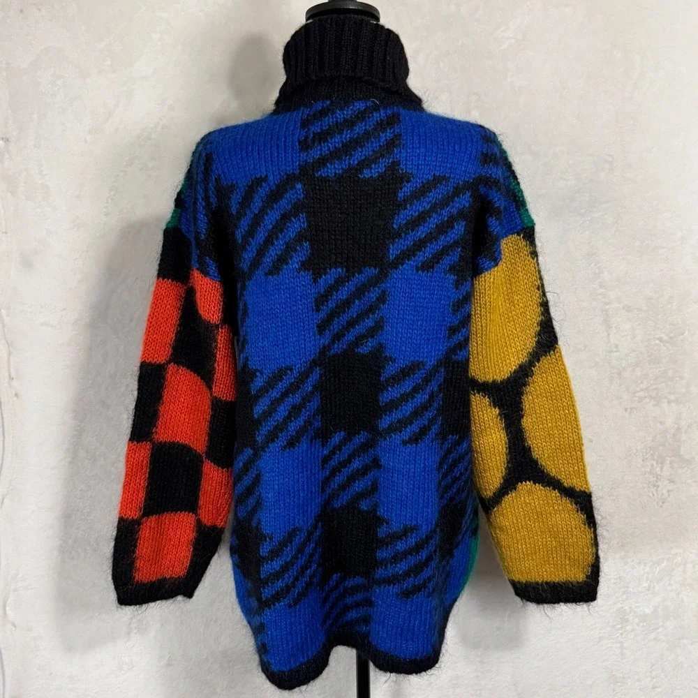 NWT Vintage Fuzzy Mohair Turtleneck Sweater M L Bold Colorblock‎ Plaid Graphic